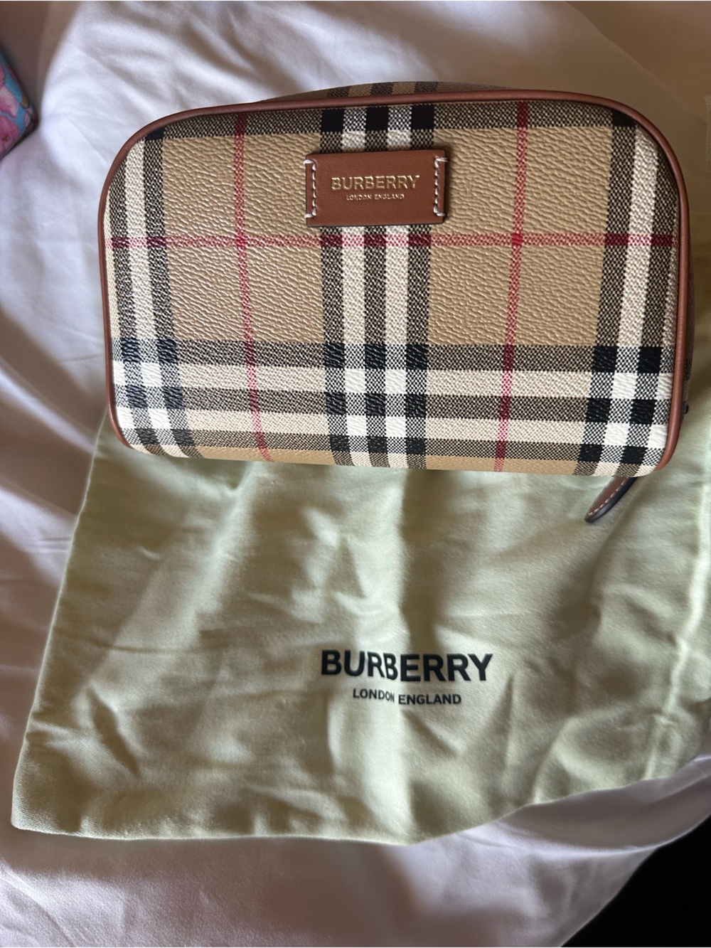 Burberry Classic Check Zip Cosmetic Case in Beige, Black & Red Trim